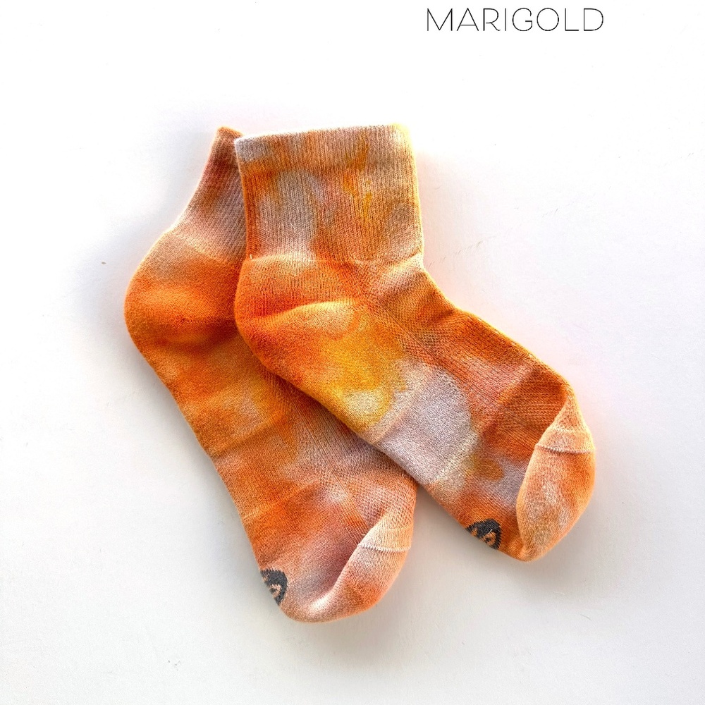 Marigold Golden Orange Tie Dye Socks Ice Dye Womens Midcrew Hand Dyed Cotton